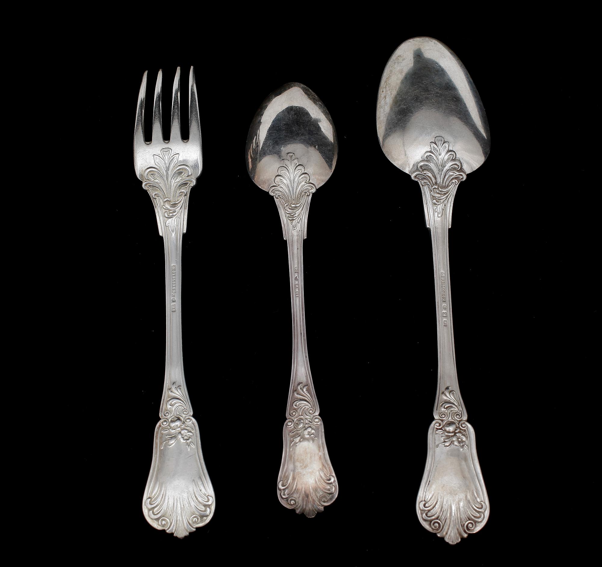 BESTICKSERVISDELAR, 18 st, silver, Gustaf Dahlgren, Malmö 1866.  Totalvikt 1314 g.