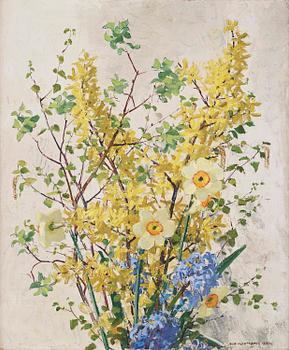 720. Olle Hjortzberg, Stilleben med forsythia och pingstlilja.