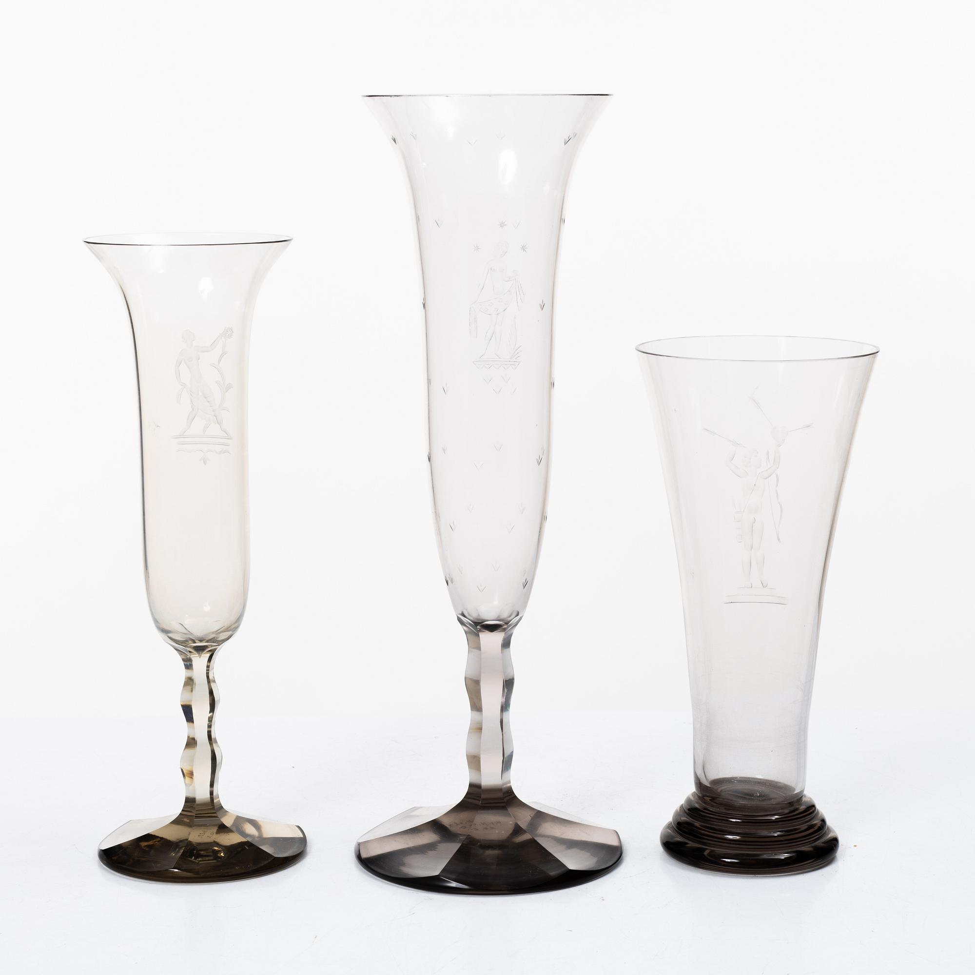 Edward Hald, vases, 3 pcs, Orrefors, 1929-30.