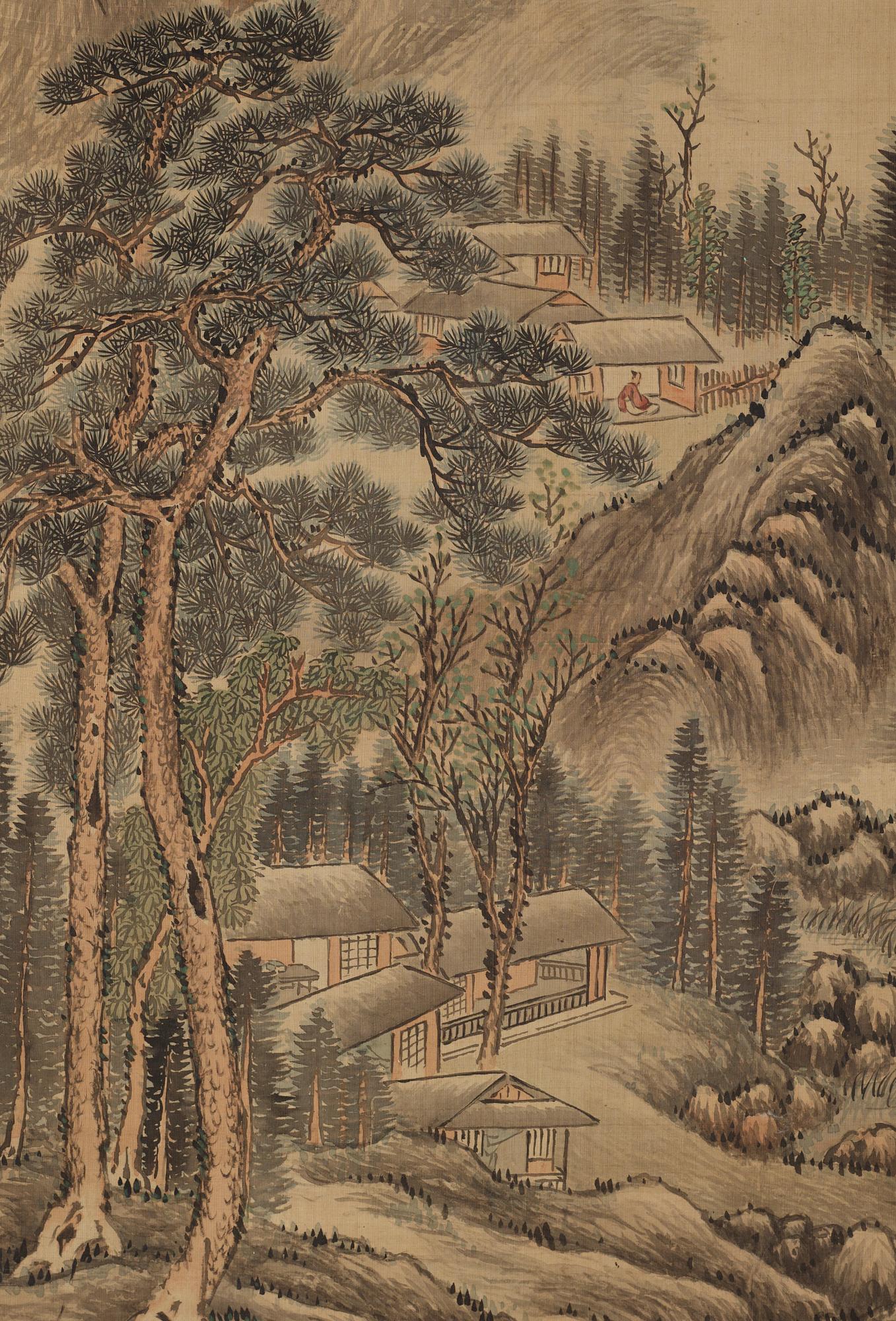 A hanging scroll of a landscape in the style of Wang Jian (1598-1677), late Qing dynasty (1644-1912).