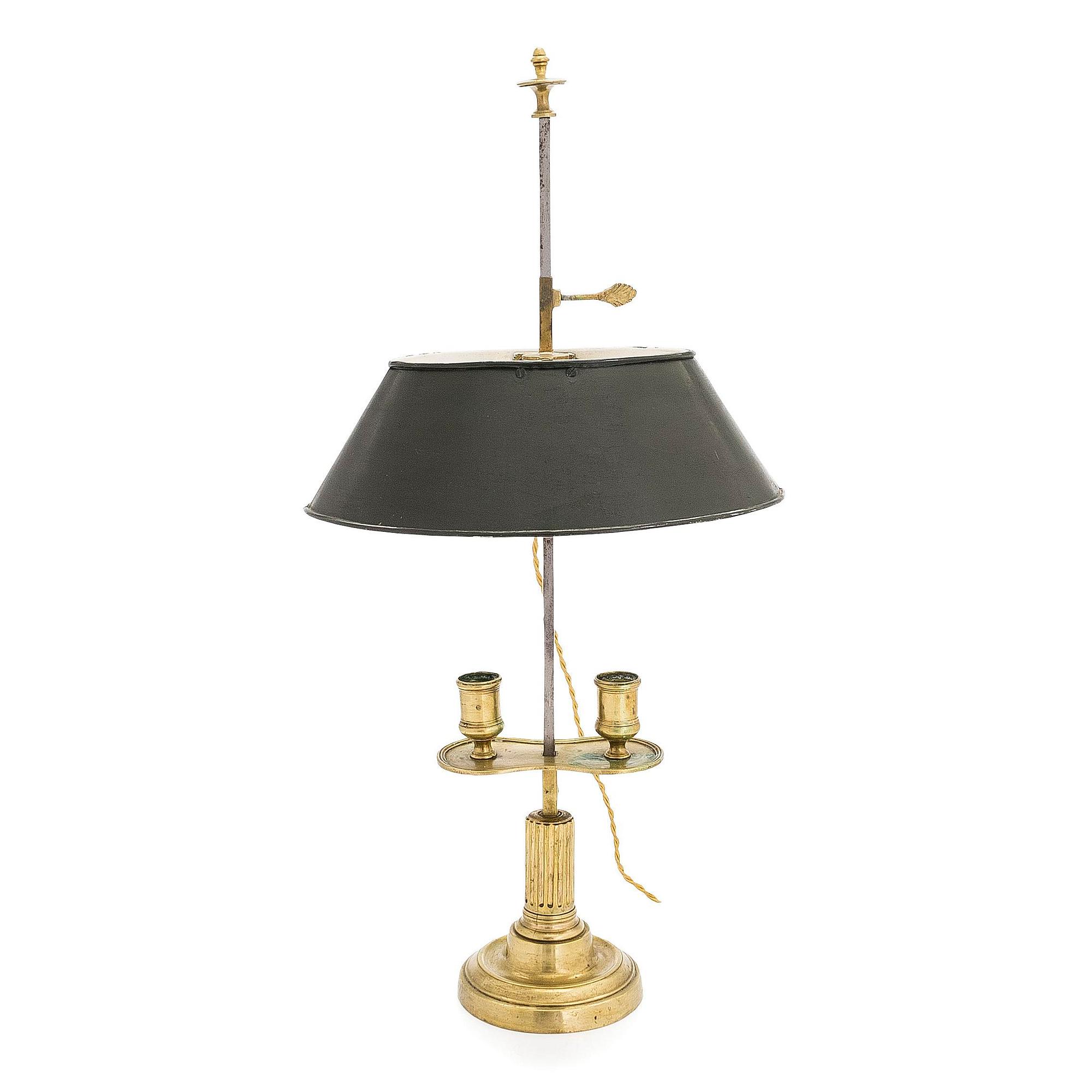 A bouillotte table lamp for two candles, France, late 19th century.