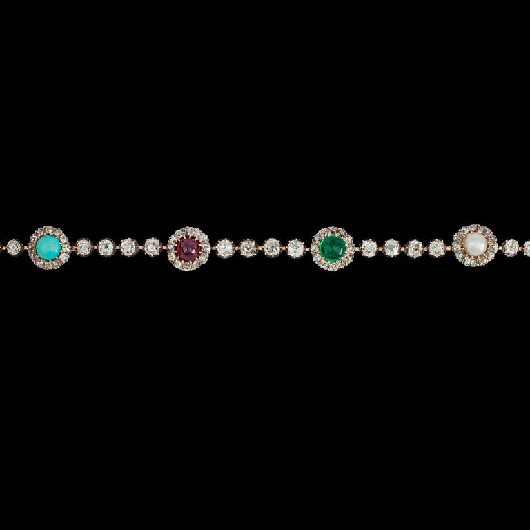 An antique cut diamond, tot. app. 5.70 cts, ruby, app. 1.13 cts, and emerald bracelet, app. 1.30 cts.