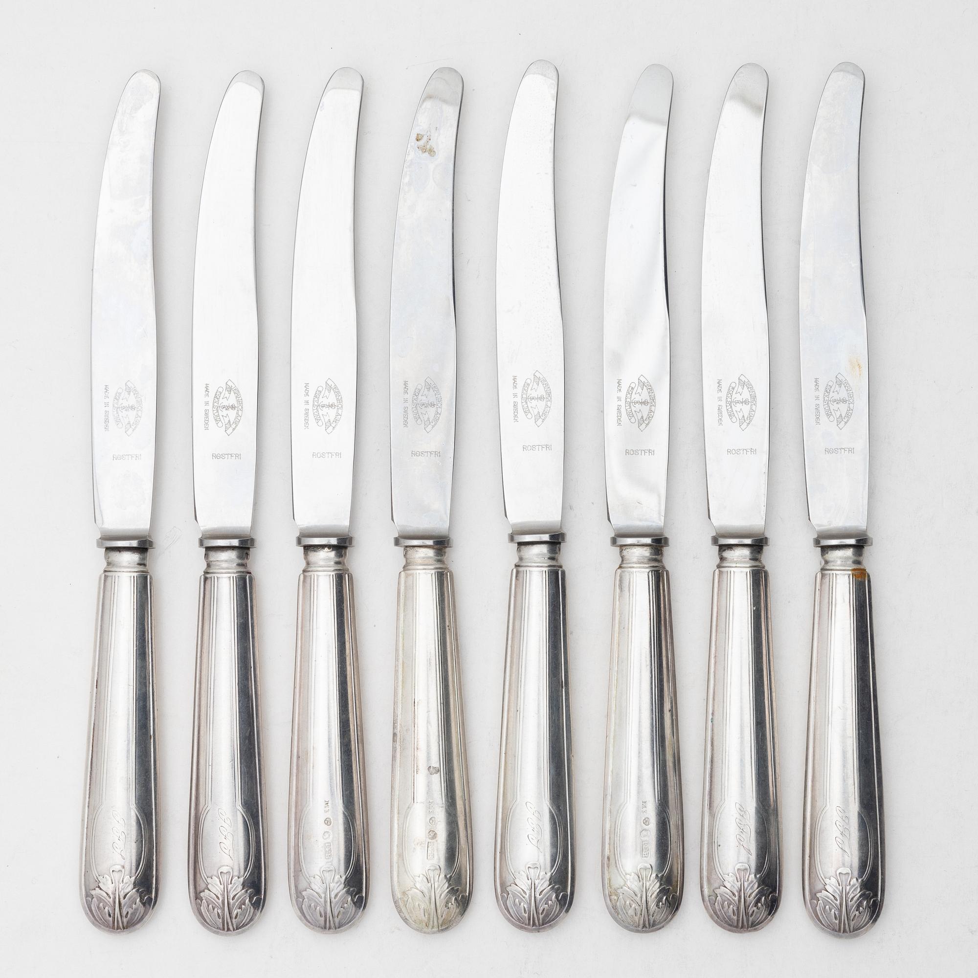 Eight Swedish silver dinner knives, mark of Johan Fredrik Björnstedt, Stockholm 1818.
