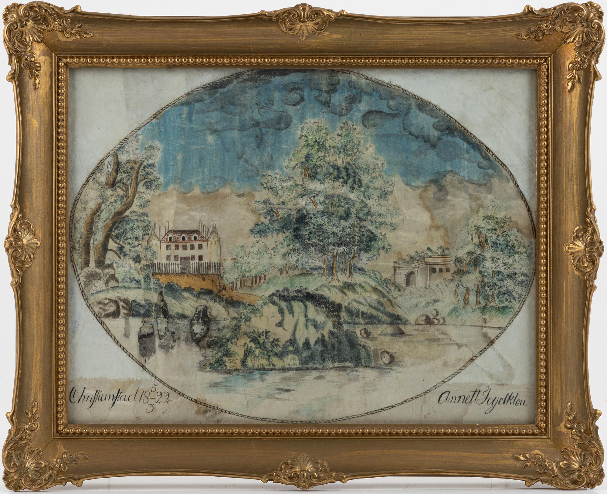 A painting on silk,  signed Annett Fogelklou and dated Christianstad 5/3 1822.