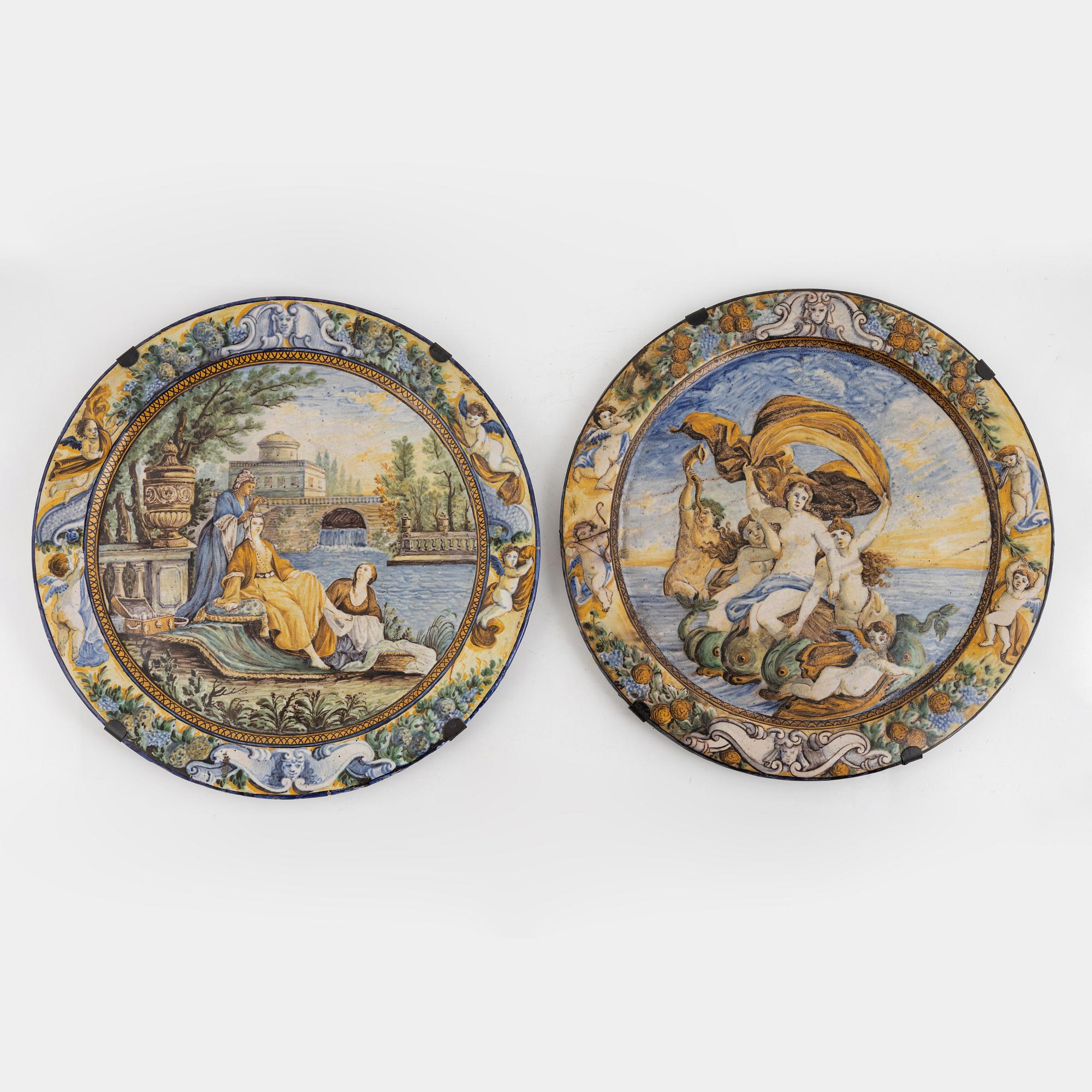 Two majolica chargers in historic style, Italy, late 19th century.