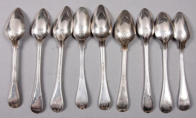 TESKEDAR, 16 st, silver, "Gammal fransk", flertal mästare, bla Frans Oscar Ahlström, Södertälje 1855.