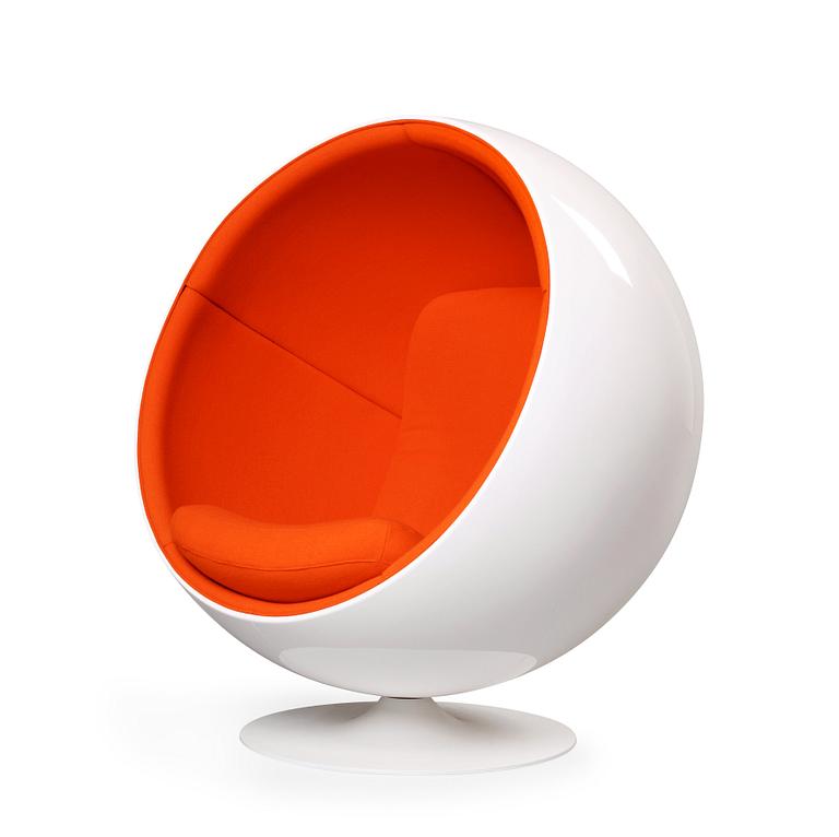An Eero Aarnio white fiberglass and orange fabric 'Ball chair', by Adelta, Finland, post 1991.