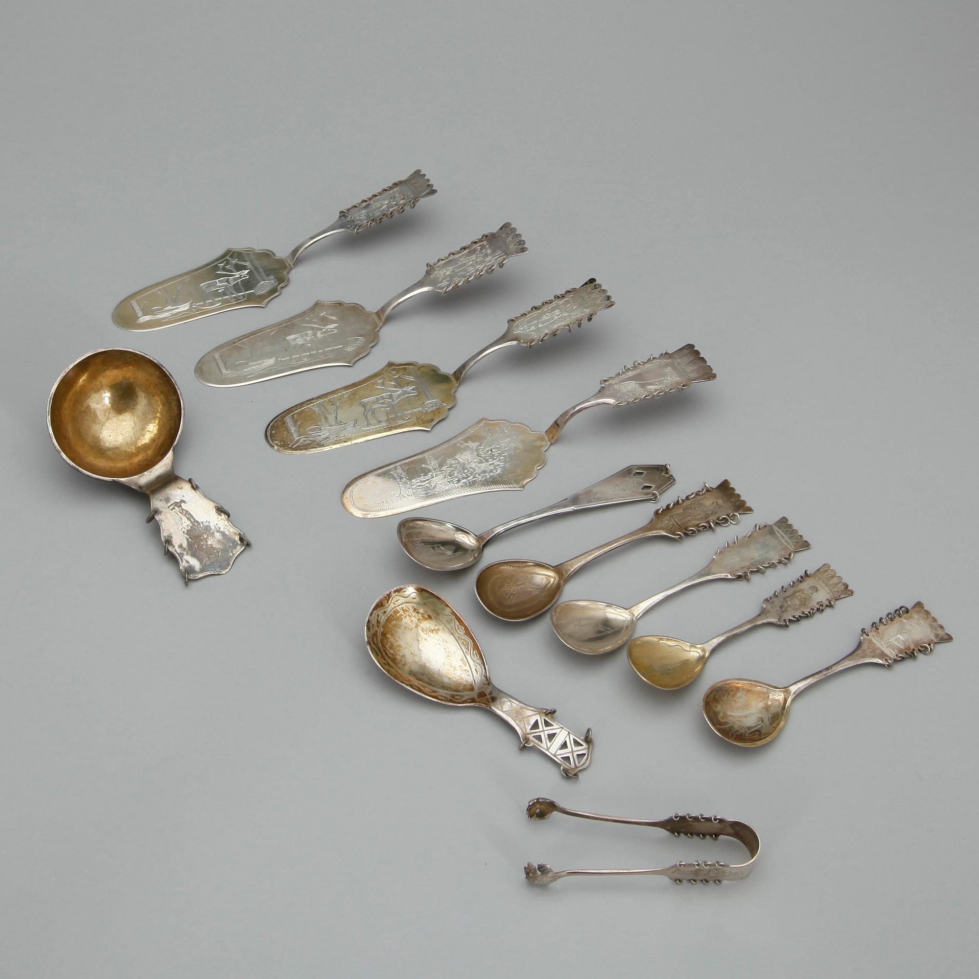 PARTI SAMESILVER, 12 delar, olika mästare och städer. Merparten 1930/40-tal. Total vikt ca 485 gram.