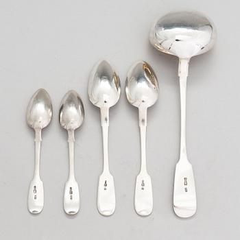 A Russian silver soup ladle and two pairs of silver spoons, Moscow 1874 and Saint Petersburg 1868 and 1887.