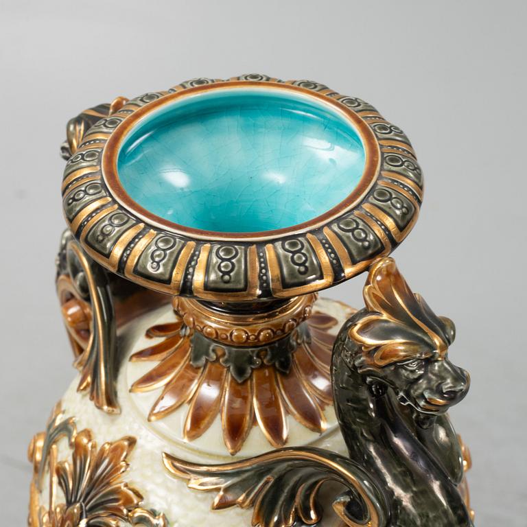 A majolica pedestal and an urn, Rörstrand, early 20th Century.