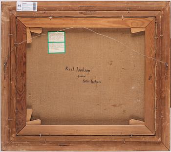Karl Isakson, "Nature morte med blommor i grå kruka, grön vas, frukter och böcker".