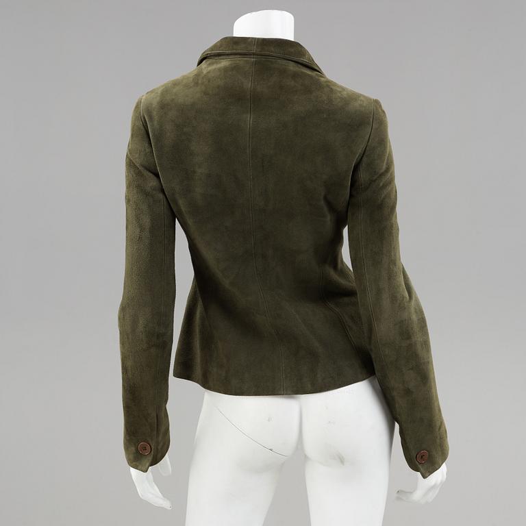 A dark green suede jacket by ralph lauren.