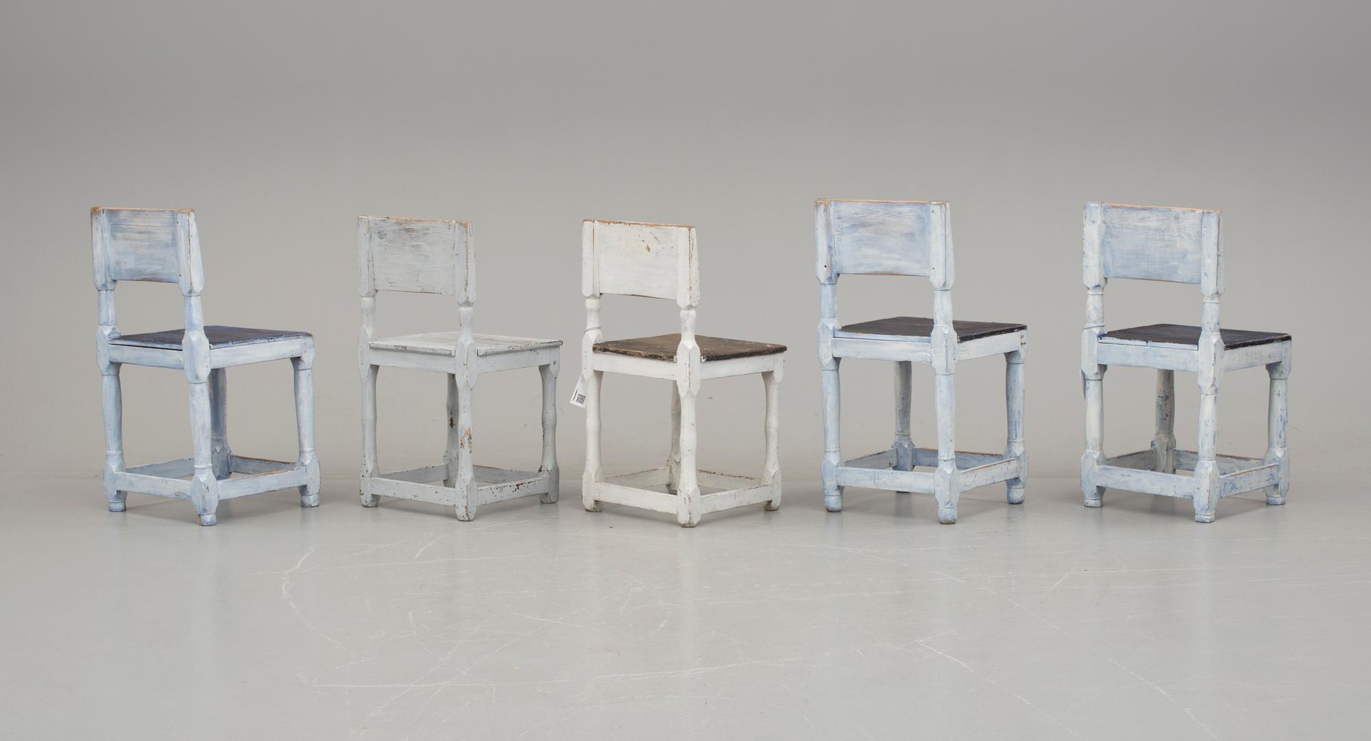 STOLAR, 5 stycken, provinsarbeten i barock, 1700-/1800-tal.