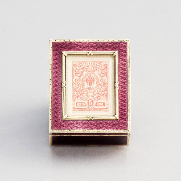Fabergé, frimärksask, verkmästare Henrik Wigström, guld, silver och emalj, S:t Petersburg 1908-17.