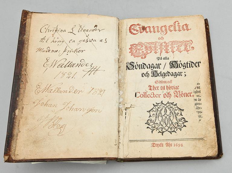 PSALMBOK SAMT EVANGELIE OCH EPISTELBOK, 2 vol, Georg Gottlieb Burchardi, Stockholm 1698.