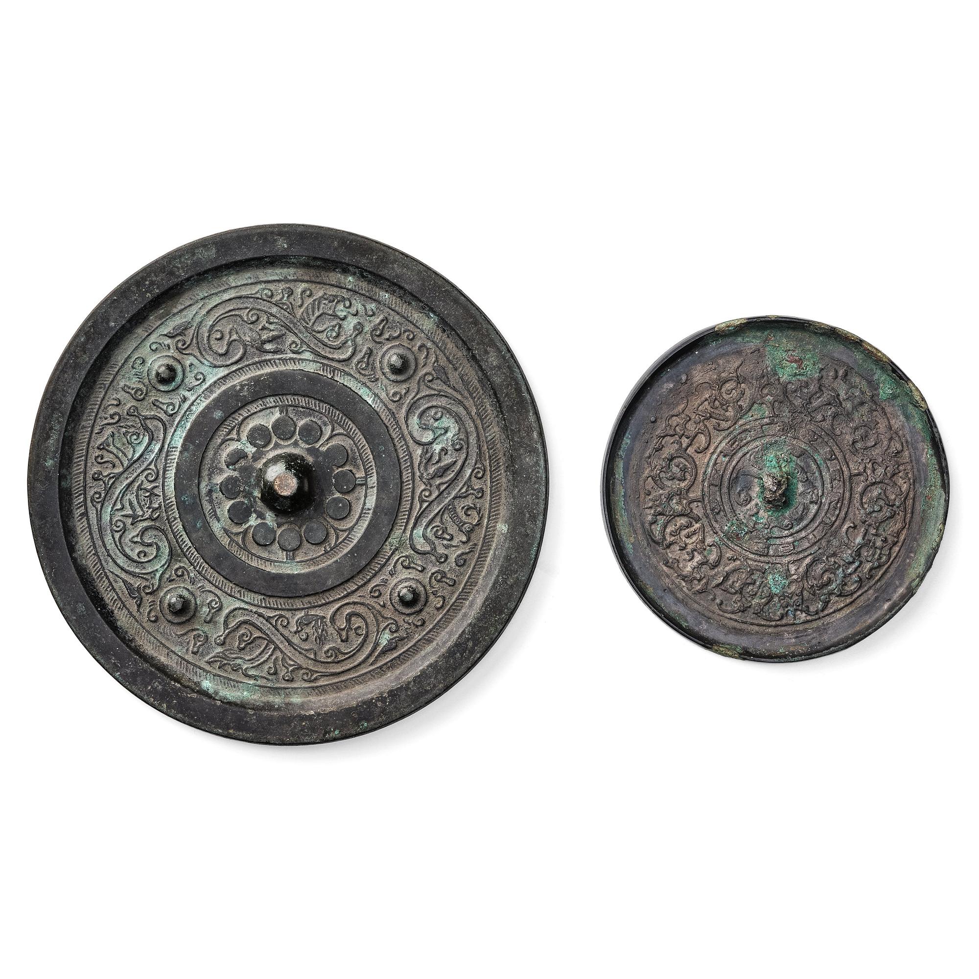 Two bronze mirrors, Han dynasty  (206 BC–220 AD).