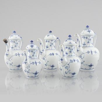 A group of five 'Blue Fluted Plain' porcelain Coffee Pots, Royal Copenhagen, models 46, 47, 48, 49, 1898-1923 and later.