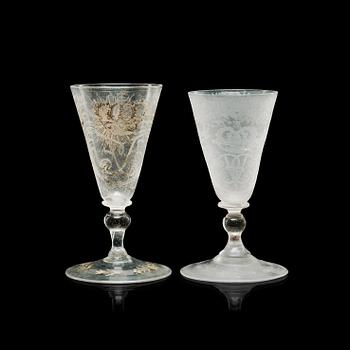 A set of two Swedish Armorial goblets, Kungsholms glassmanufactory, 18th Century.