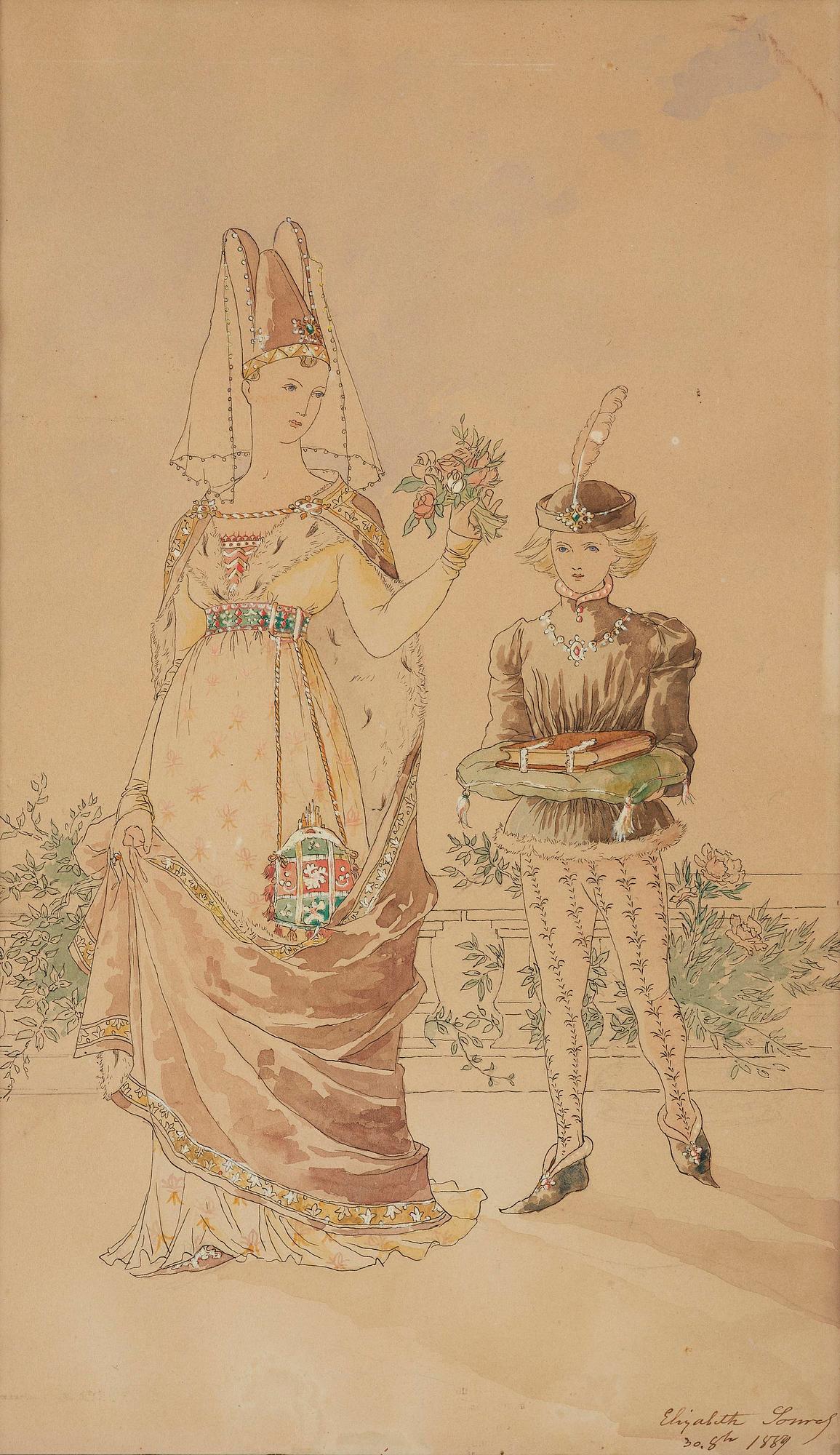 Elisabeth Sonrel, Dame de la Cour avec un bouquet de fleurs et son jeune serviteur.