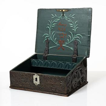 A carved wooden box, Sweden, 19th century.