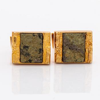 LAPPONIA 18K gold and copper ore, set of ring cufflinks and tie-pin, total weight 33,0 g, Finland 1988, design"Guldsten".