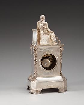 A Swedish 19th cenrury silver table-clock, makers mark of Gustaf Möllenborg Stockholm 1844, clock work by G.W.Linderoth.