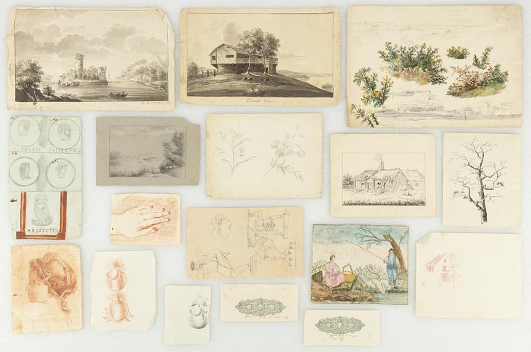 Various drawings, 17 pieces, 17th/18th century. Including "Ornäs Dalarna", "Aristoteles".