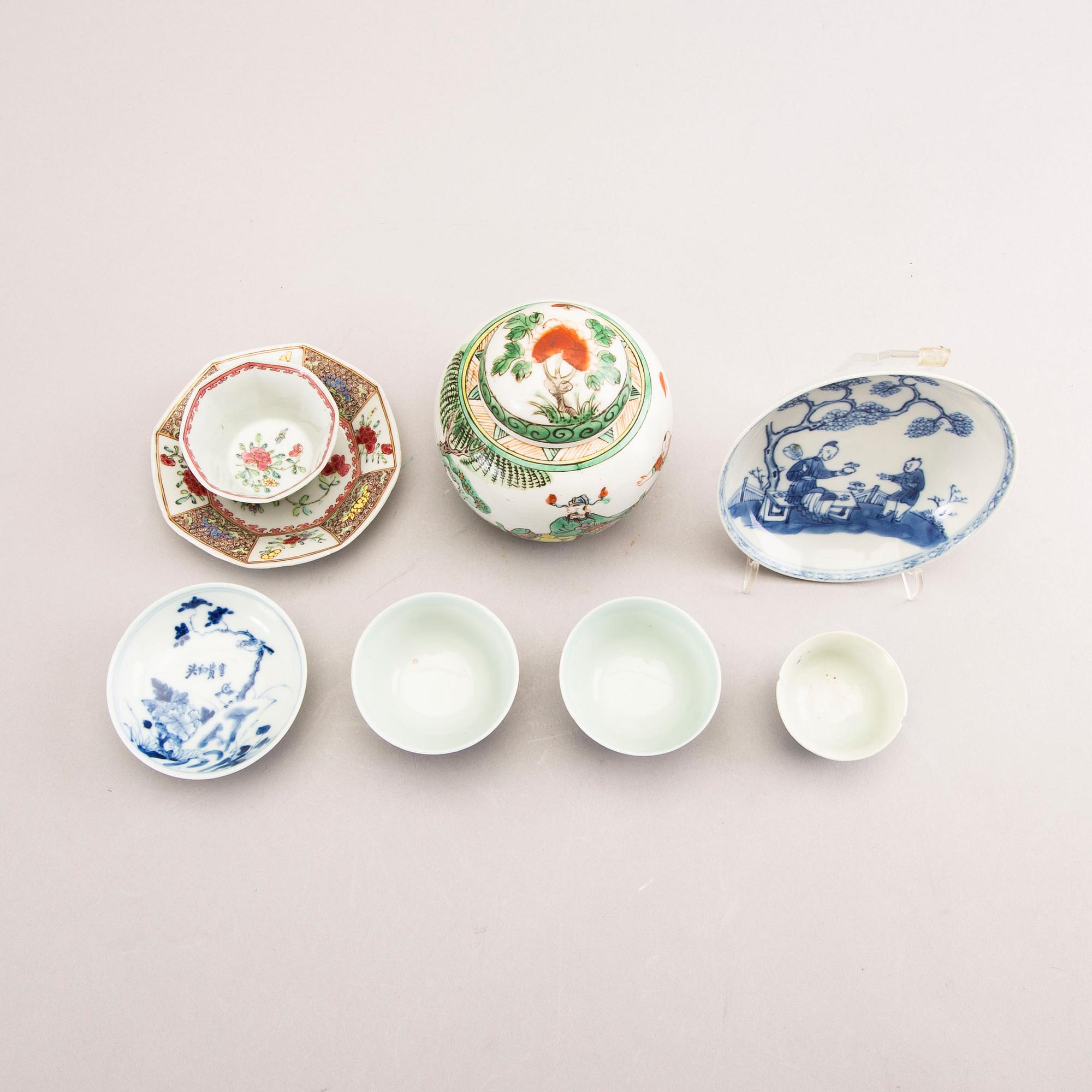 A set of seven different Chinese porcelain cups, saucers and urn 18th-20th century.
