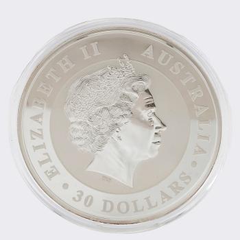 Coin 999 silver 1kg "Australian Kookaburra" 30 dollars, Elizabeth II 2011.