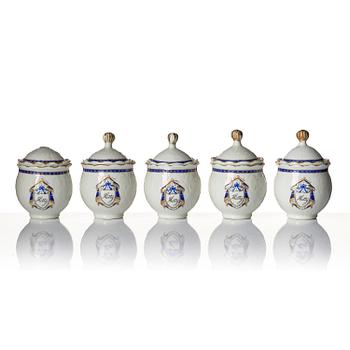 A set of 10 'European Subject' custard cups with covers and a coffeepot with cover, Qing dynasty, Jiaqing (1796-1820).