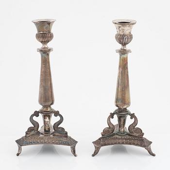 A pair of silver empire candlesticks, one with mark of Adolf Zethelius, Stockholm 1819.