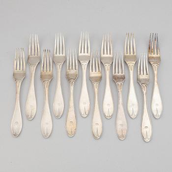 Twelve silver forks by Johan Carlsson, Norrköping, 1821-30.