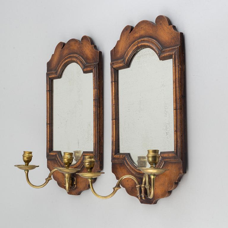 A pair  century wood and brass mirror wall sconces for two candles.c. 1900.