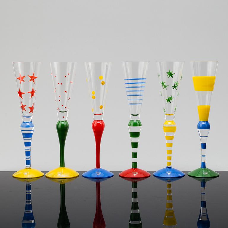 Six signed hand painted 'Clown' champagne glasses by Anne Nilsson.