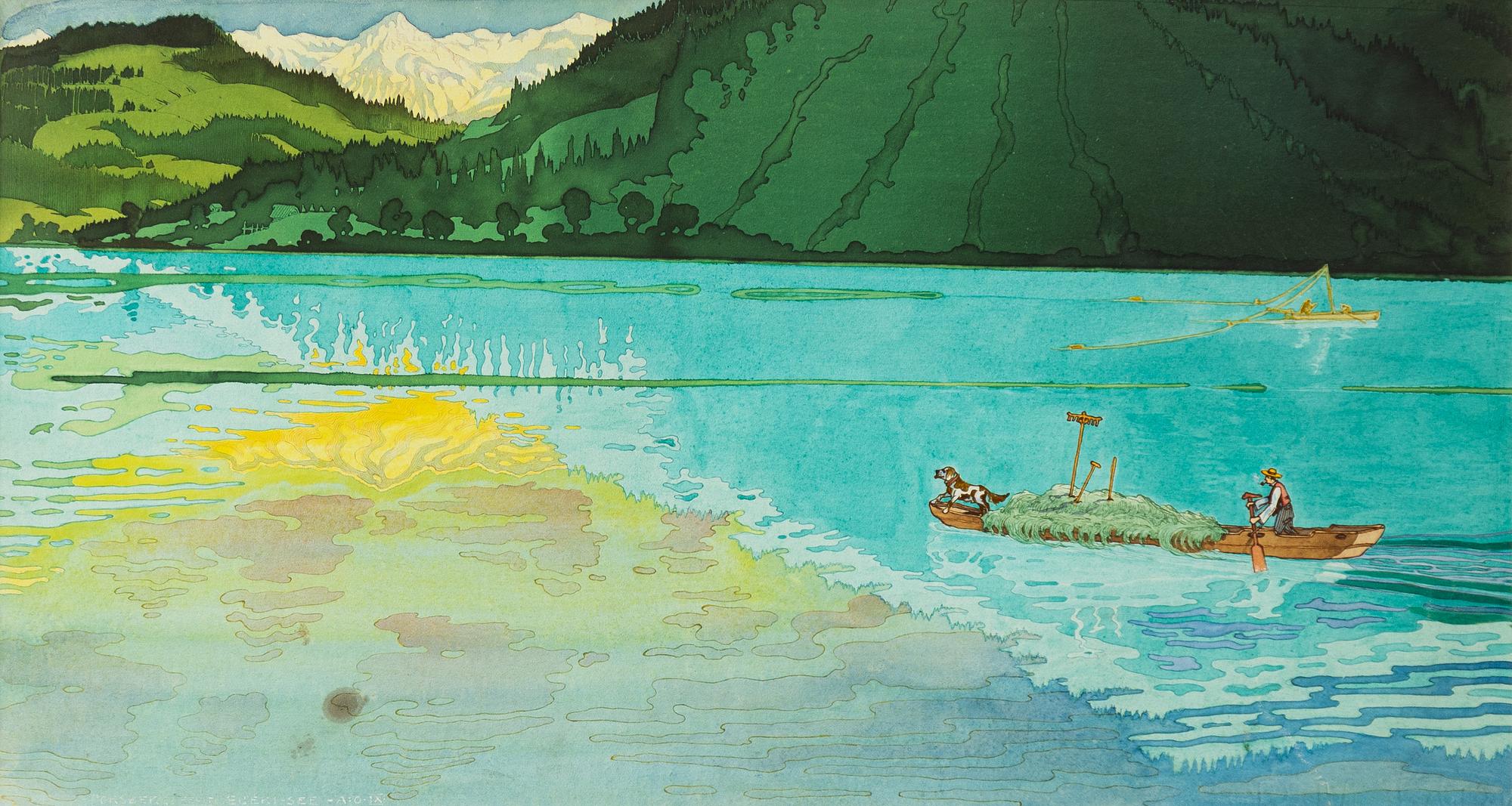 Carl Johan Forsberg, Alpine landscape with man and dog in a boat.