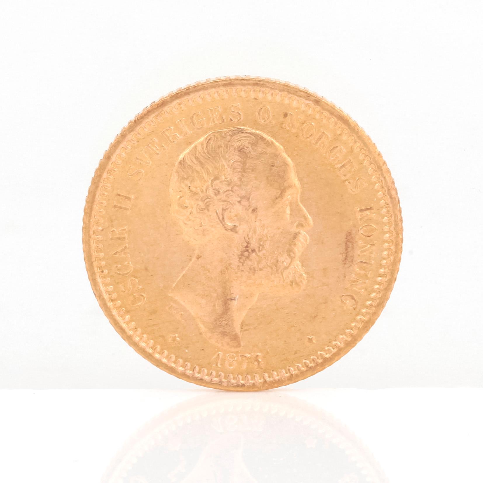 GULDMYNT, 10 kronor, Oscar II av Sverige och Norge 1874. Vikt ca 4,5 gram.
