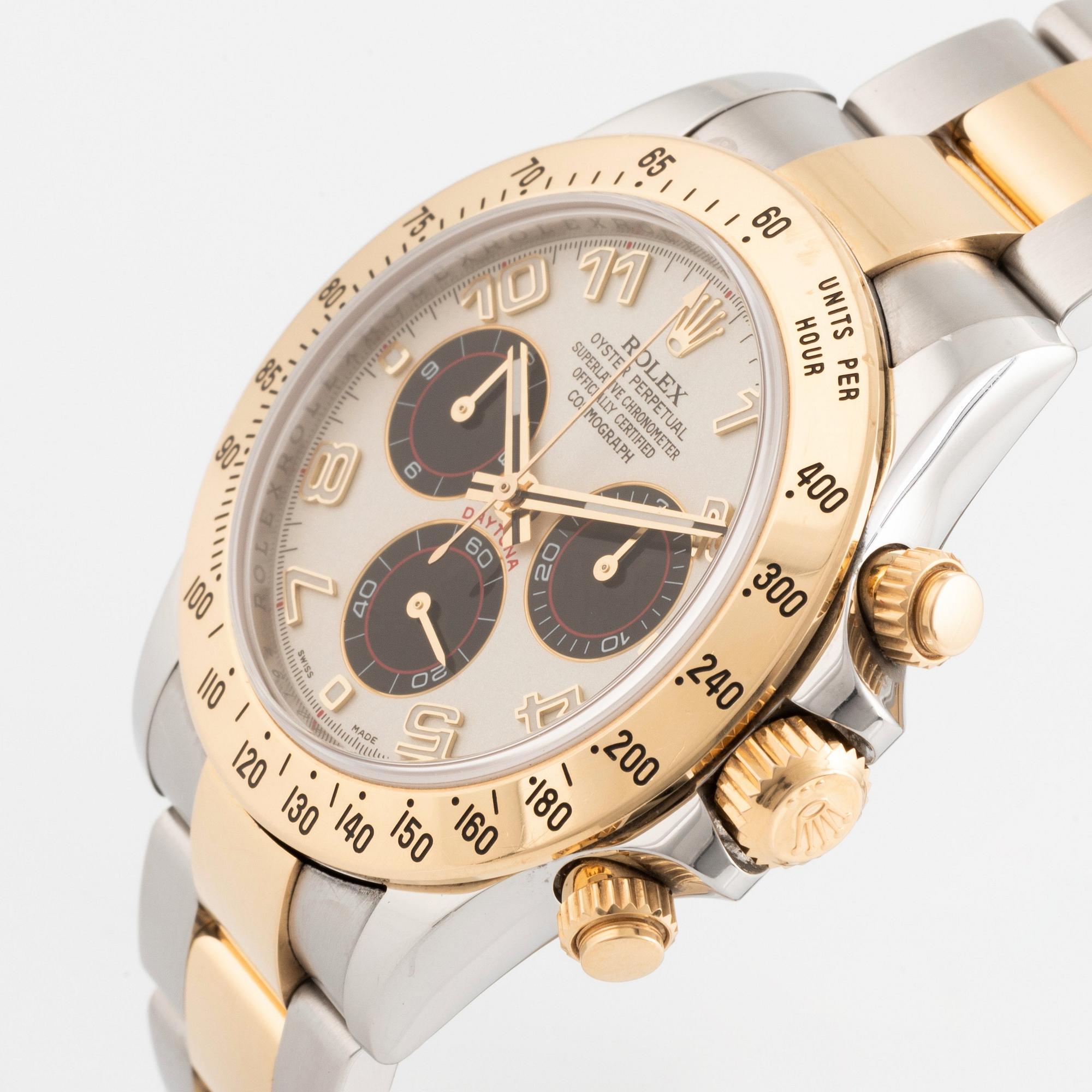 Rolex, Cosmograph, Daytona, "Arabic Racing Panda Dial", wristwatch. 40 mm.