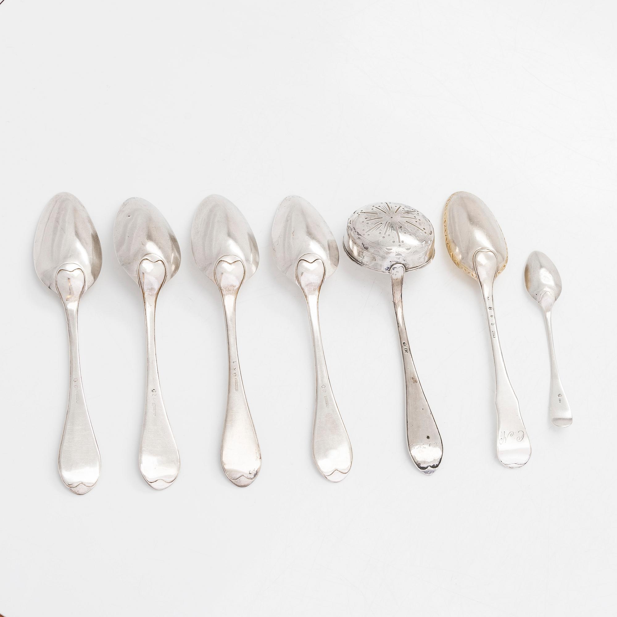 Six early 19th-century silver spoons, and a sprinkle spoon, mainly Tammisaari and Turku, Finland 1803-1820s.