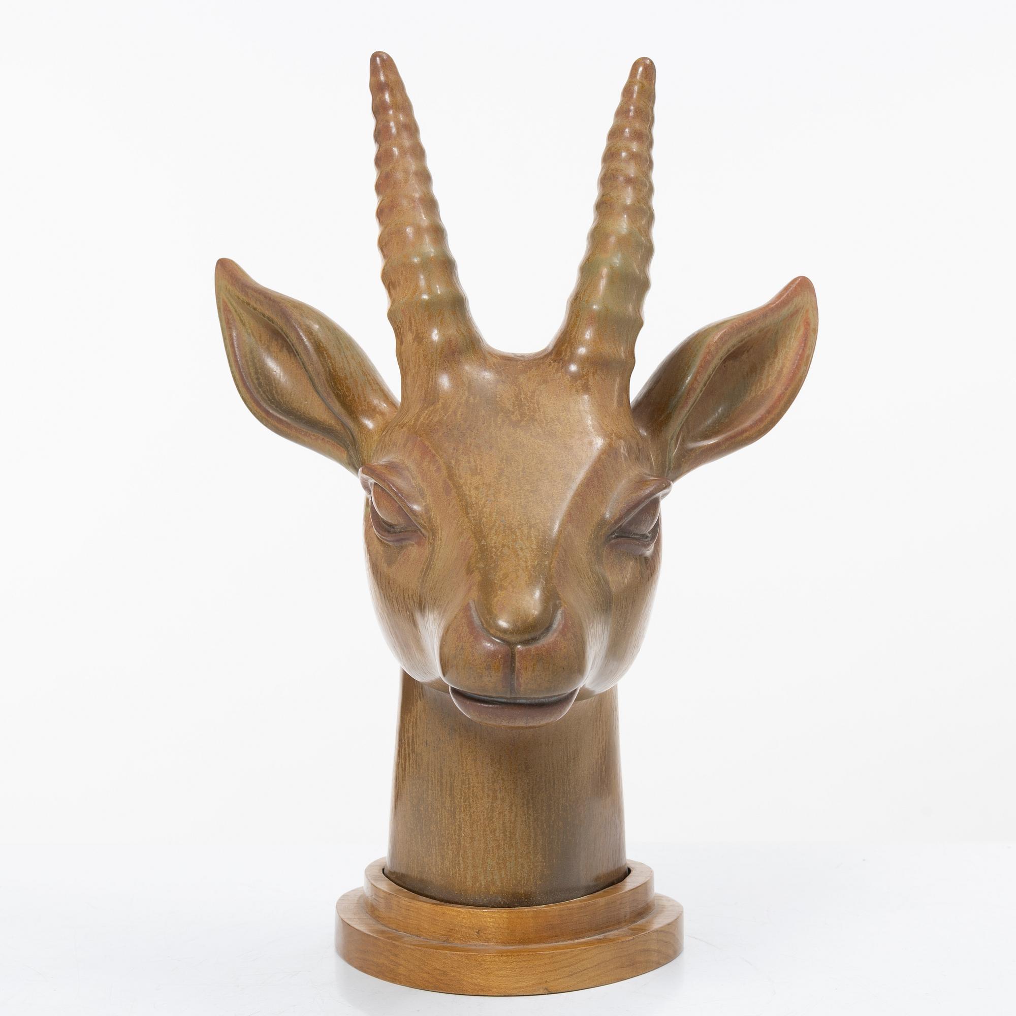 Gunnar Nylund, a stoneware figurine of an antilope head, Rörstrand, Sweden, numbered 194/200.