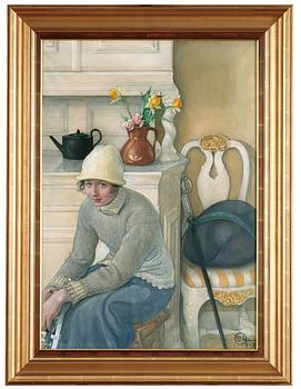 Carl Larsson, Girl with ice skates, interior from the school household, Falun.