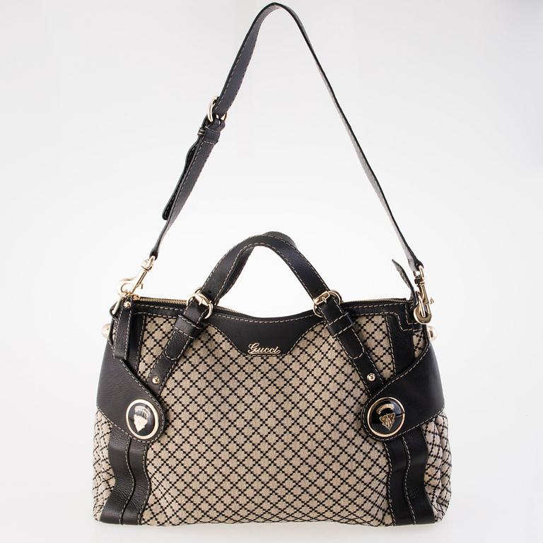 GUCCI Black Diamante Canvas Crest Boule Tote Bag.