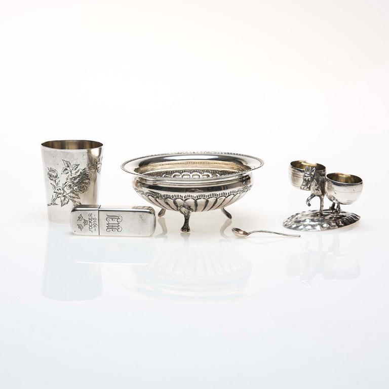 PARTI SILVER, 5 delar, bl a GAB, Simon Groth. 1889 och 1900-tal. Vikt 236 g.