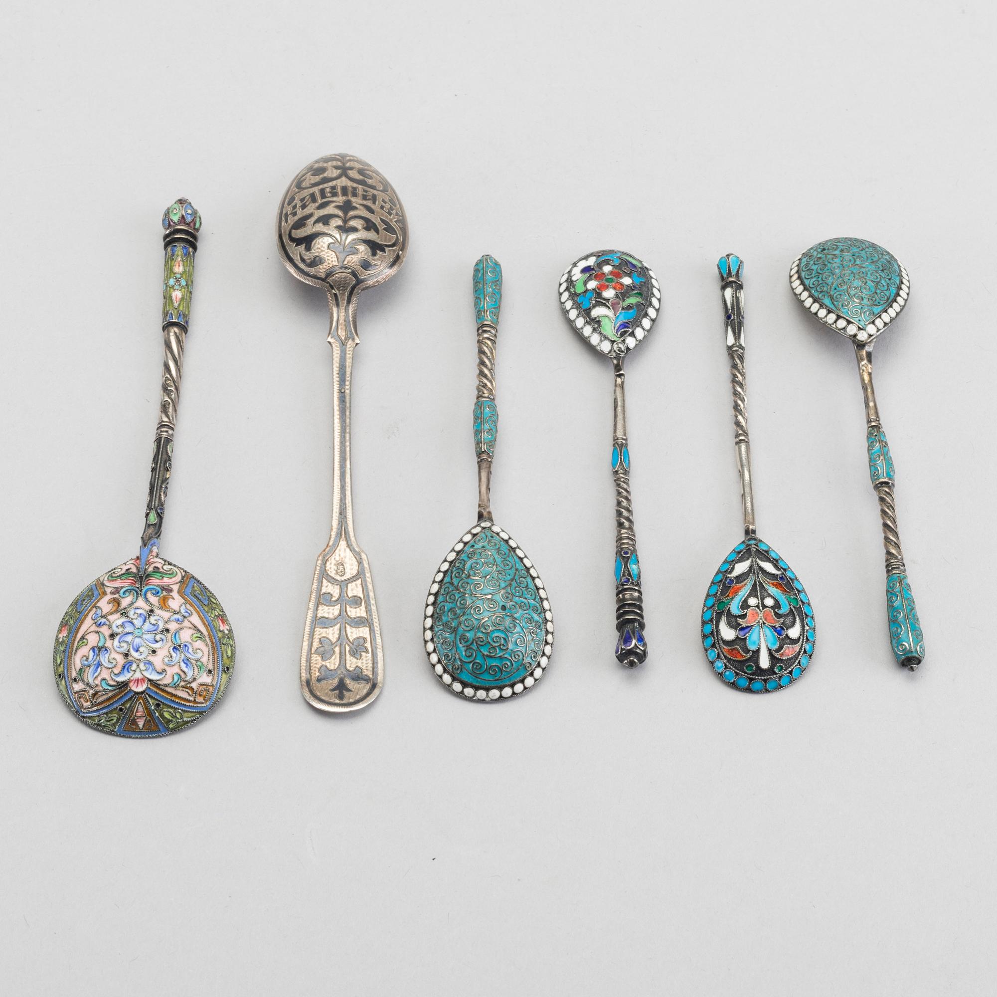 A set of six Russian silver and enamel spoons, around 1900 weight ca 195 gr.