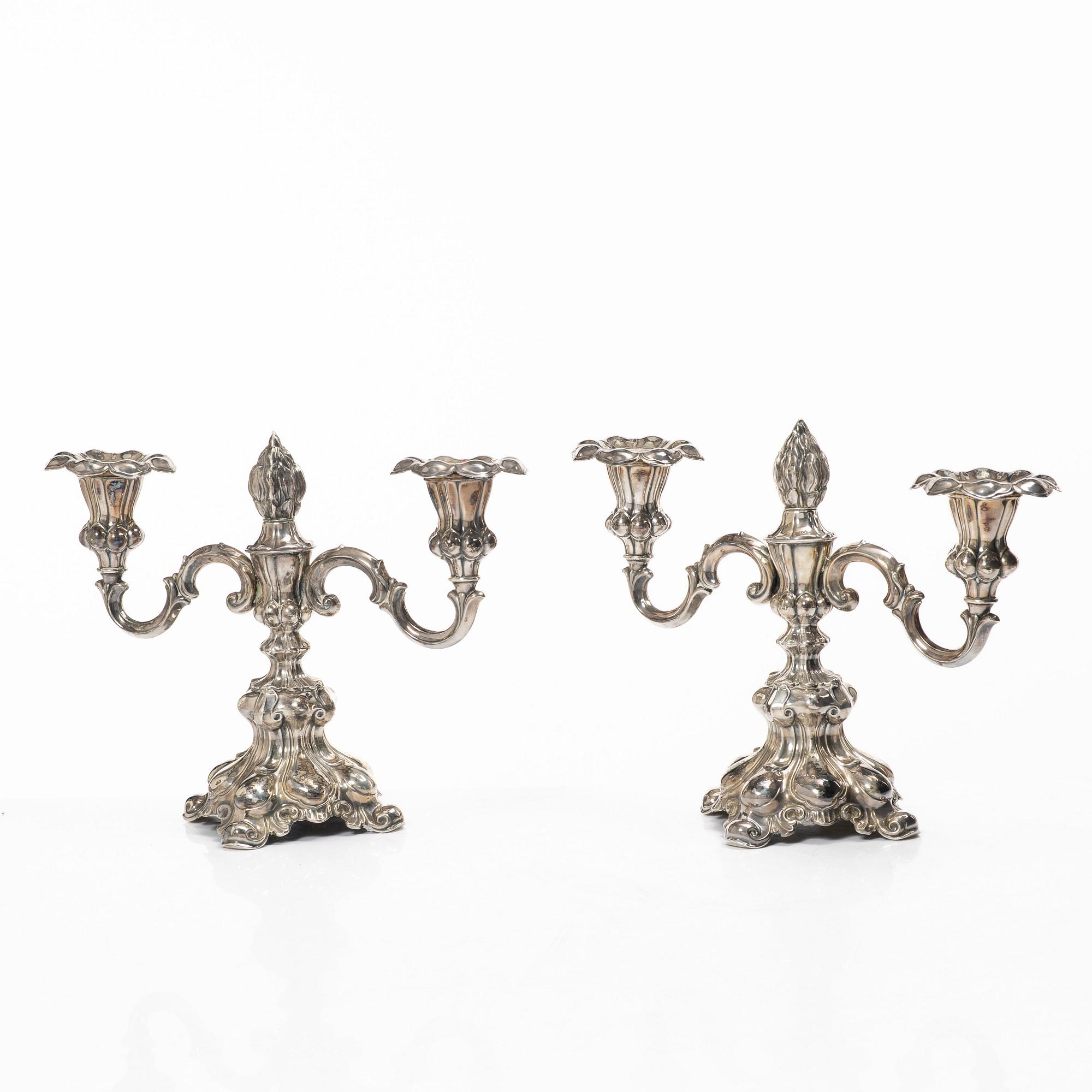 A pair of Baroque style silver candelabras, C.G.Hallberg, Stockholm, Sweden, 1945.
