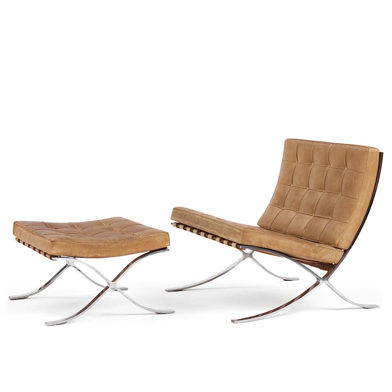 Ludwig Mies van der Rohe, a "Barcelona" easy chair and ottoman, Knoll, 1970s.