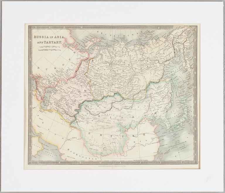 KARTOR, 3st, etsningar, delvis handkolorerade, Kina, Japan, Ryssland, 1800-tal.