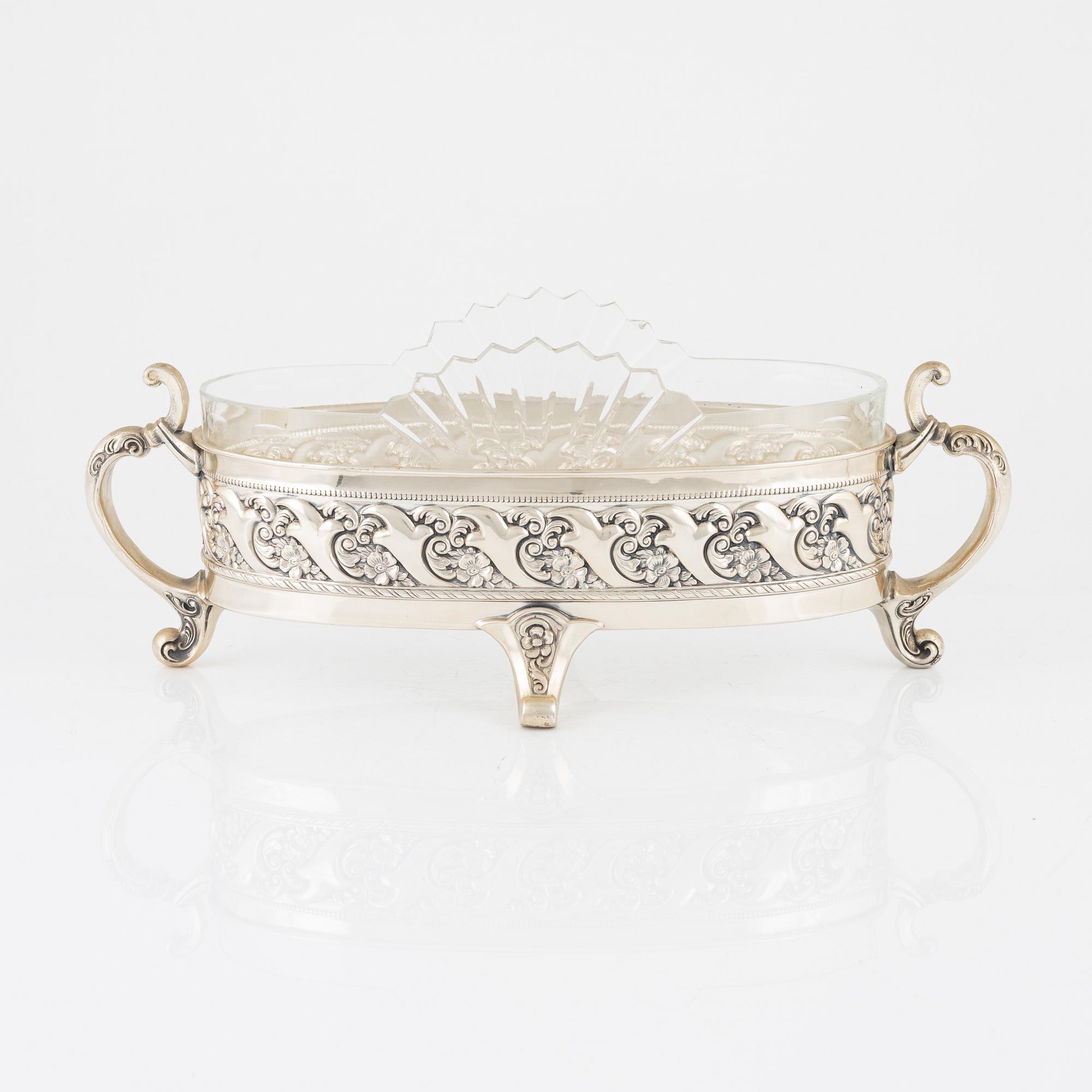 A silver plate and glass jardinière, Denmark, first half of the 20th century.