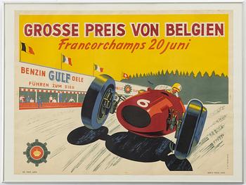 A vintage racing poster, 'Grosse Preis von Belgien Francorchamps 20 juni', Royal Automobile Club Belgique, Belgium 1954.