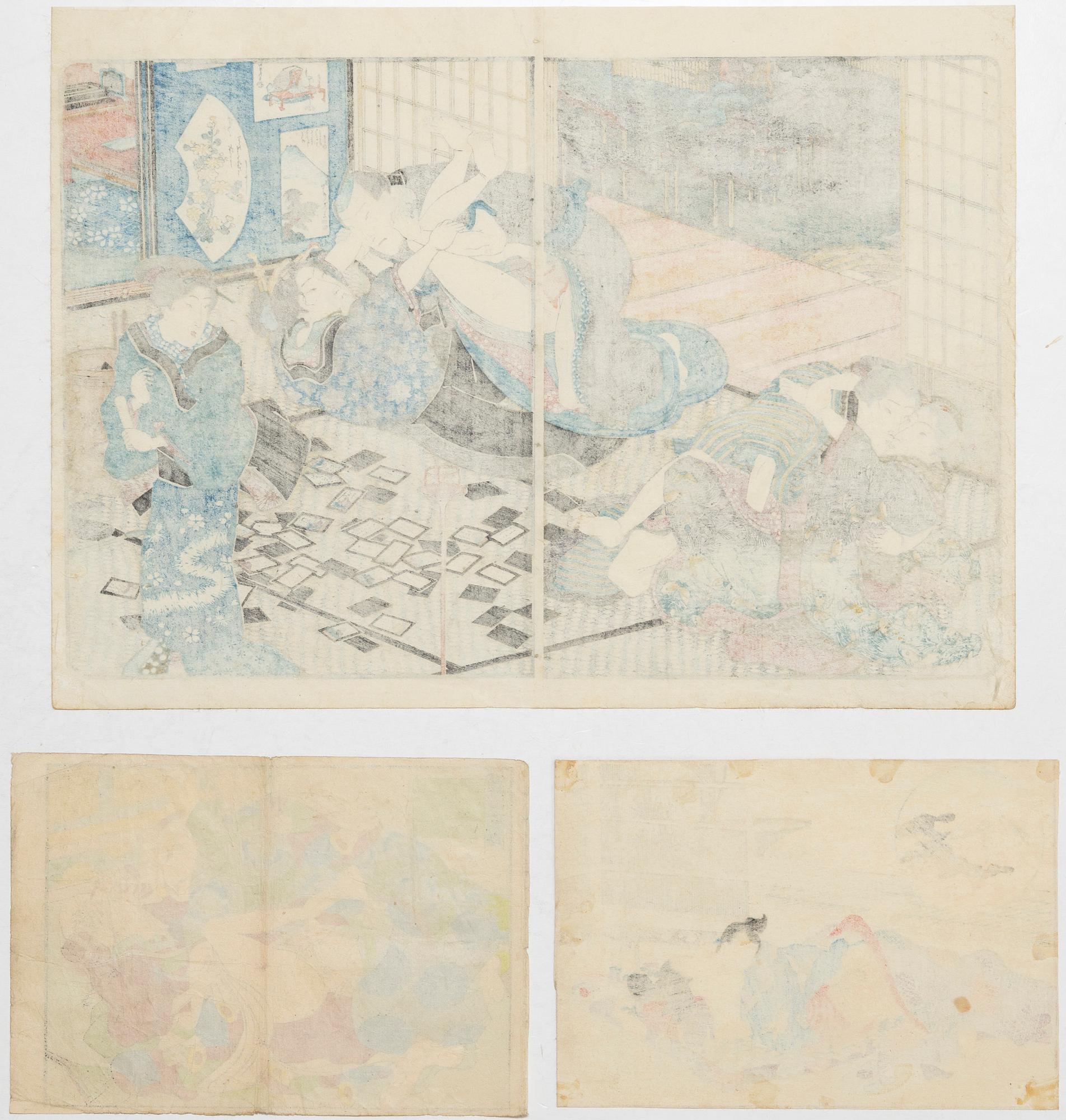 Oidentifierade konstnärer, tre träsnitt med erotiska motiv, s.k. 'shunga', 1800-/1900-tal.