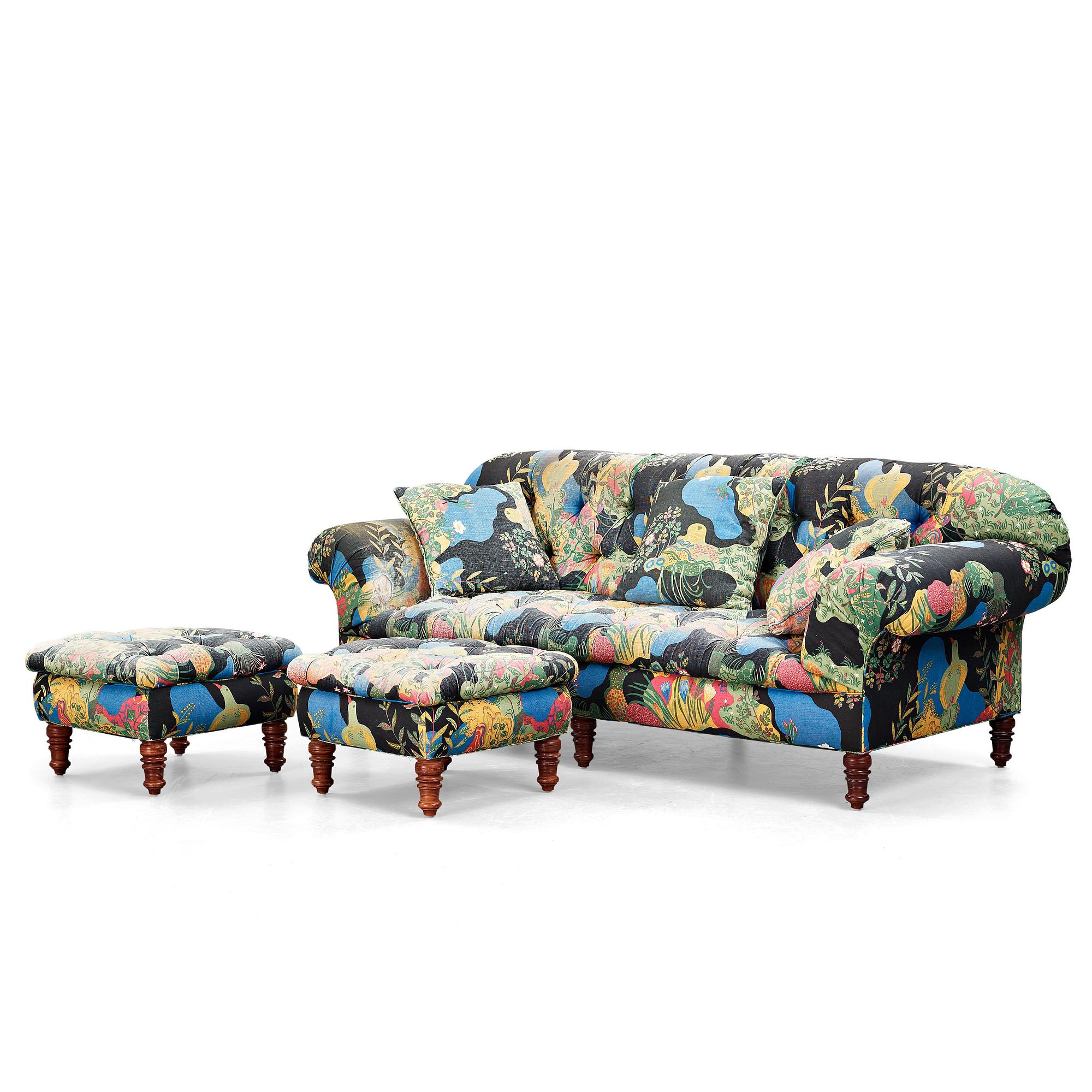 A SOFA AND A PAIR OF STOOLS, 20th century.